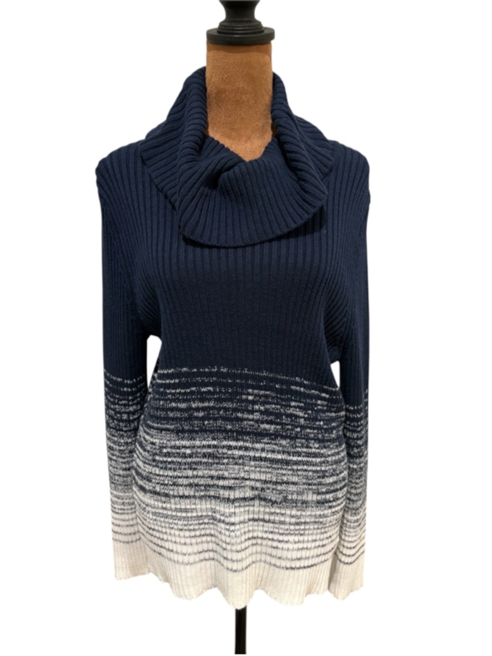 Chico’s Size 2 Navy Ombré Cowl Neck Cotton Blend Sweater